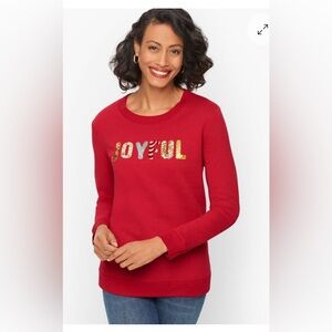 Talbots graphic print JOYFUL sweater red crewneck holiday